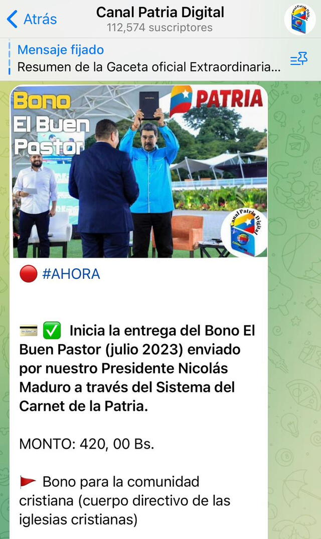 Conoce el monto de julio del Bono Buen Pastor. Foto: Canal Patria Digital   