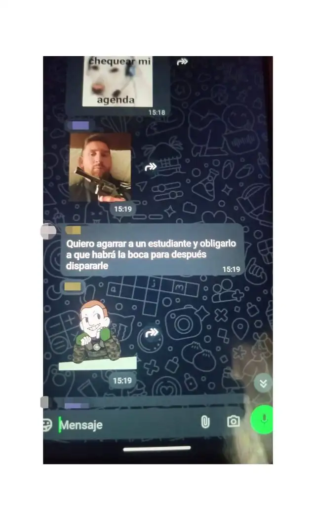 Captura de una de las conversaciones de los estudiantes de Escobar que planeaban un tiroteo escolar. Foto: difusión/Argentina. Captura de una de las conversaciones de los estudiantes de Escobar que planeaban un tiroteo escolar. Foto: difusión/Argentina.