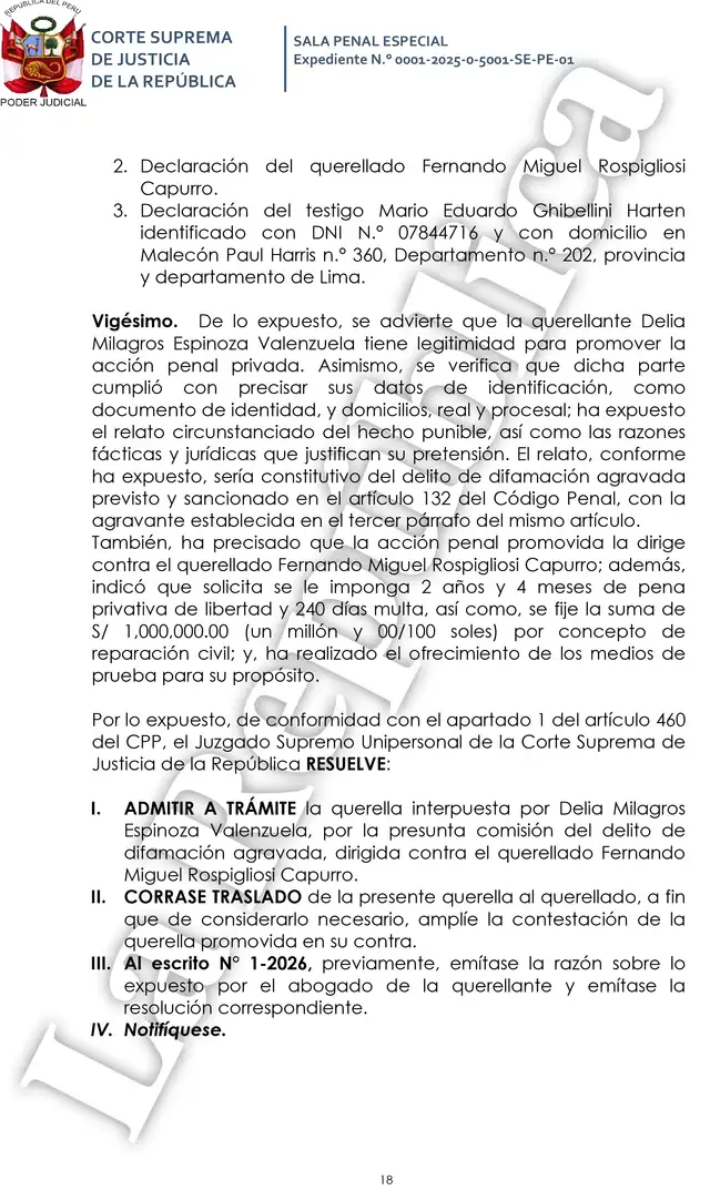 Poder Judicial admite a trámite querella contra Fernando Rospigliosi por difamación   