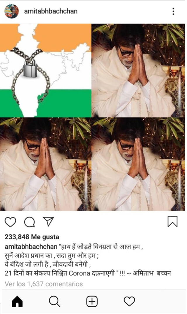 Publicación de Amitabh Bachchan en Instagram, realizada el 24 de marzo del 2020.