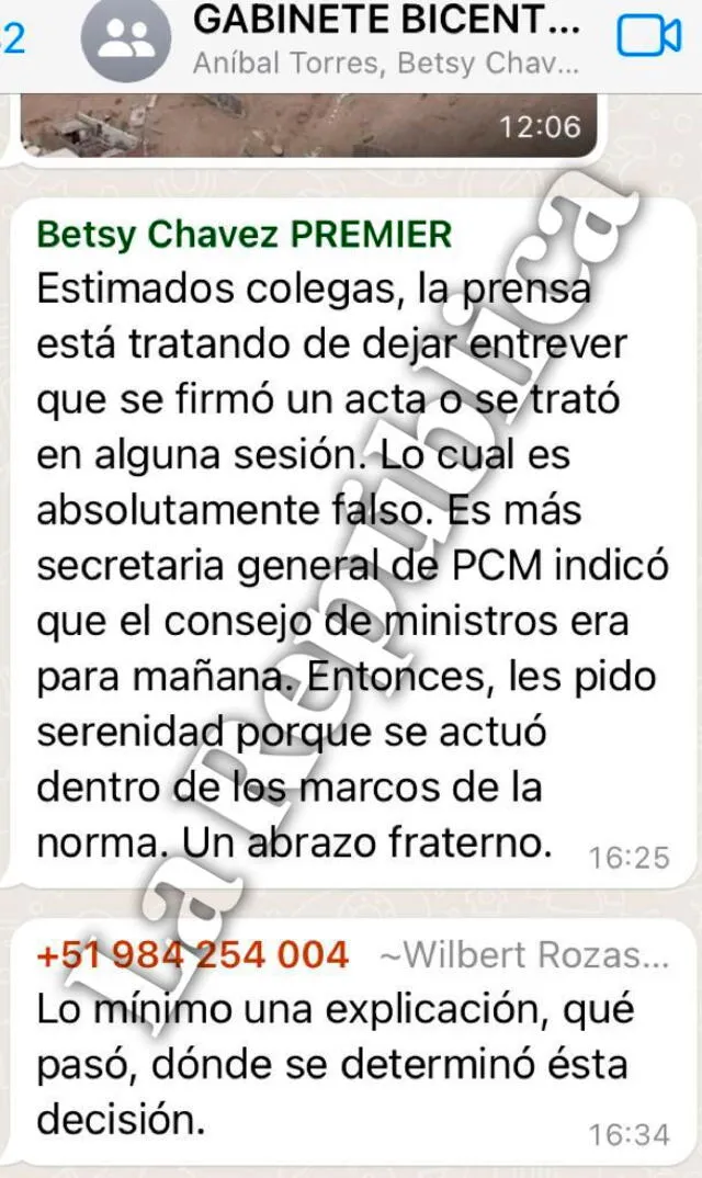 Mensajes de chat grupal del último gabinete de Pedro Castillo