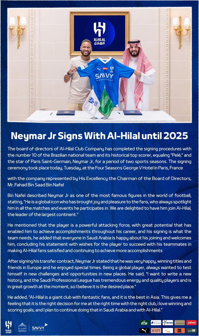 Comunicado del Al Hilal sobre el fichaje de Neymar. Foto: Al Hilal   