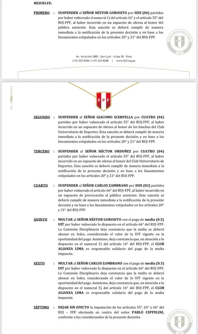 Resolución de la CD-FPF. Foto: difusión   