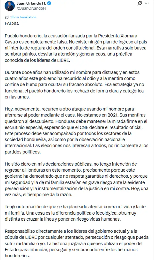JOH rechaza acusación y denunció presunto plan contra su vida y la de su familia. Foto: @JuanOrlandoH/X<br> JOH rechaza acusación y denunció presunto plan contra su vida y la de su familia. Foto: @JuanOrlandoH/X<br>