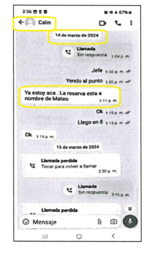 El 15 de marzo, "Calín" (general PNP Carlos Morán) comunica a Colchado que la reunión con Castañeda será en el restaurante "Pescados" Capitales" y que la reserva está a nombre de "Mateo". Crédito: Eficcop.   