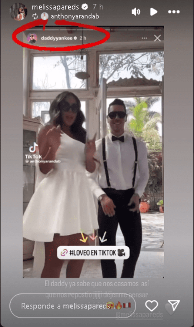 Melissa Paredes y su novio reaccionaron así después de que Daddy Yankee haya compartido su video. Foto: Instagram Anthony Aranda.   