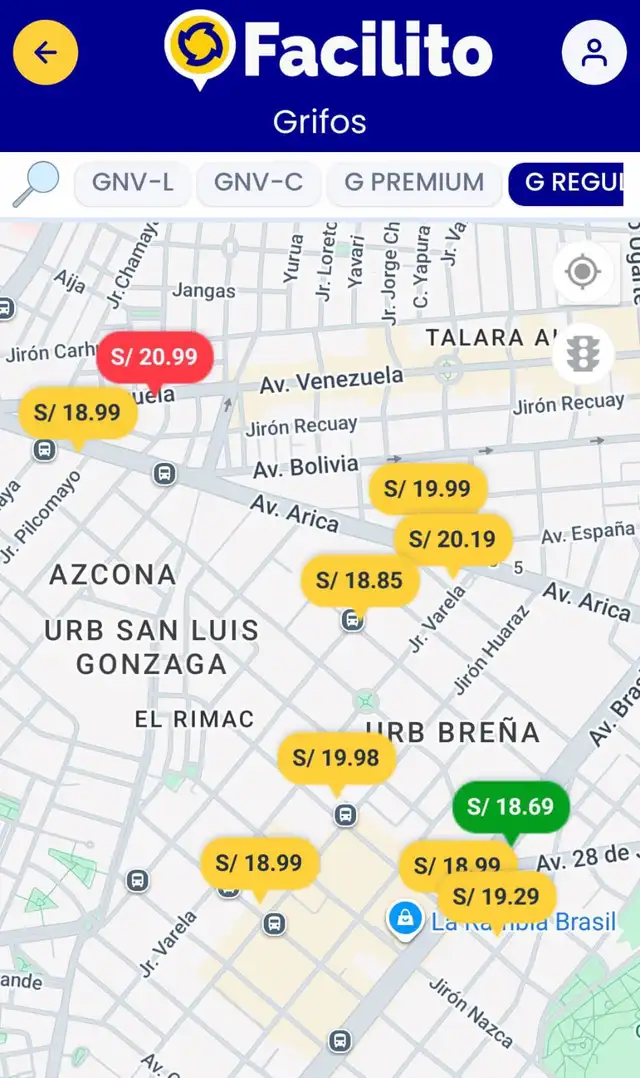  Estos son los precios de los combustibles este 4 de abril en el distrito de Breña. Captura: Facilito.   