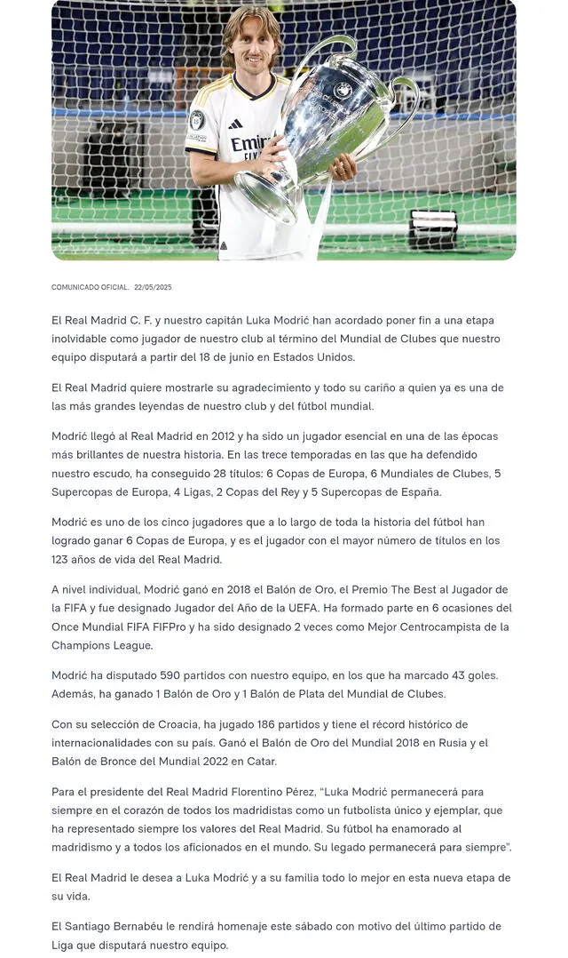  Real Madrid honors Luka Modrić’s legendary 13-year career with a heartfelt farewell message recognizing his immense contributions to the club’s success. Photo: RealMadrid.com    