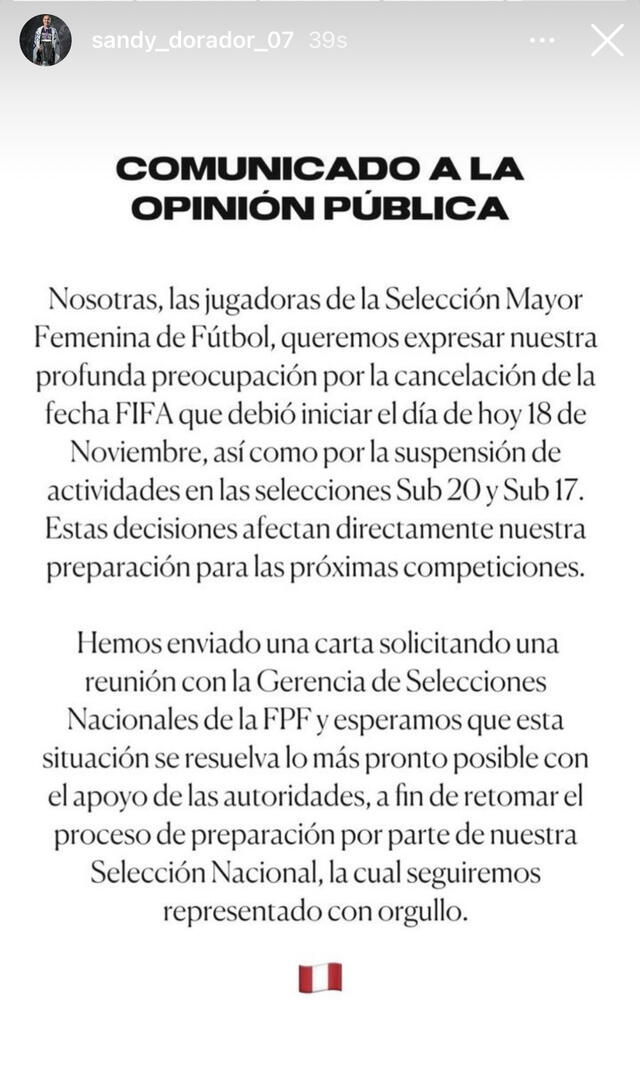  Comunicado de las jugadoras de la selección femenina. Foto: captura de Instagram/Sandy Dorador   