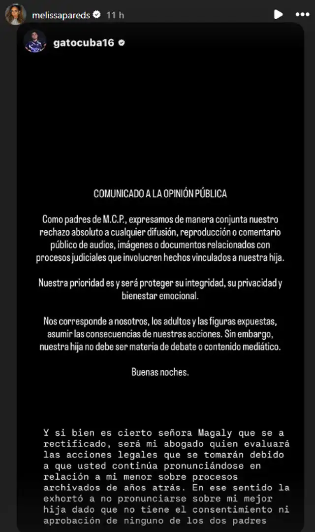 Comunicado hecho por Rodrigo Cuba y Melissa Paredes. Foto: Instagram.   