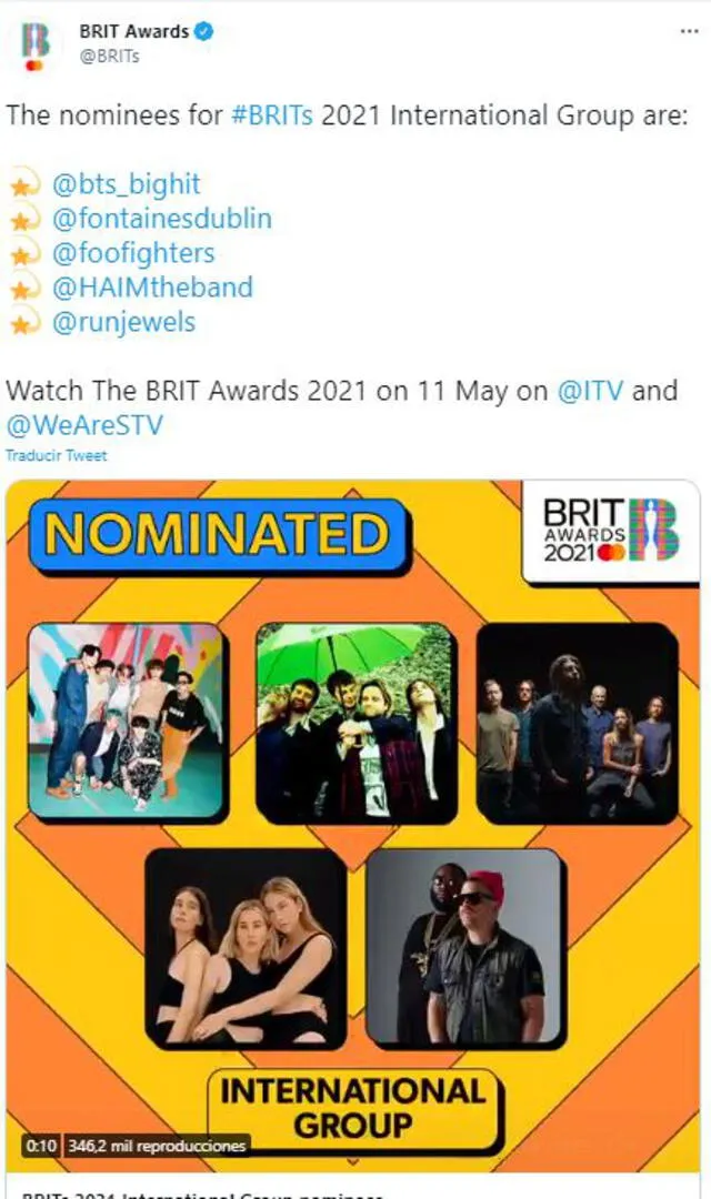 BTS nominado por los BRIT Awards 2021. Foto: Twitter