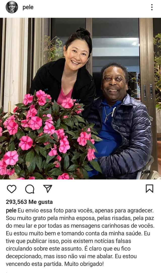 29.8.2022 | Pelé agradeció a su esposa Marcia Aoki por sus cuidados. Foto: captura Pelé Instagram