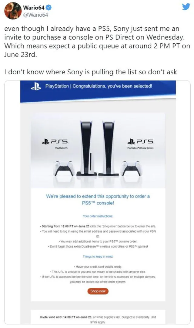 La invitación que Sony está enviando a algunos clientes. Foto: Twitter