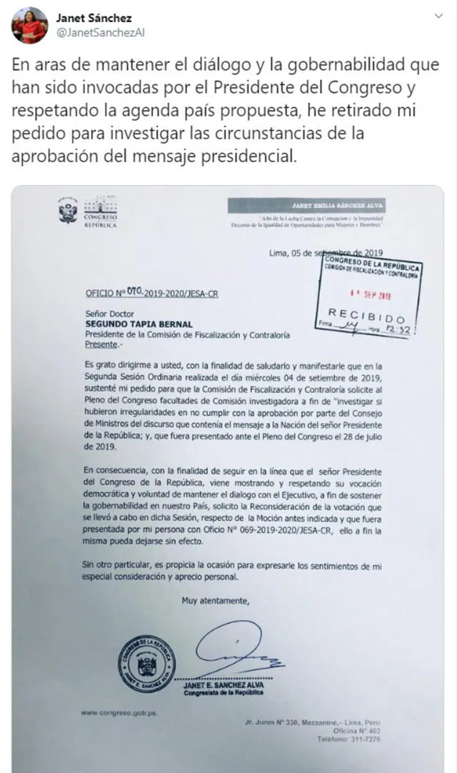 Janet Sánchez retira su propuesta para investigar el mensaje de Vizcarra del 28 de julio. Foto: Twitter.