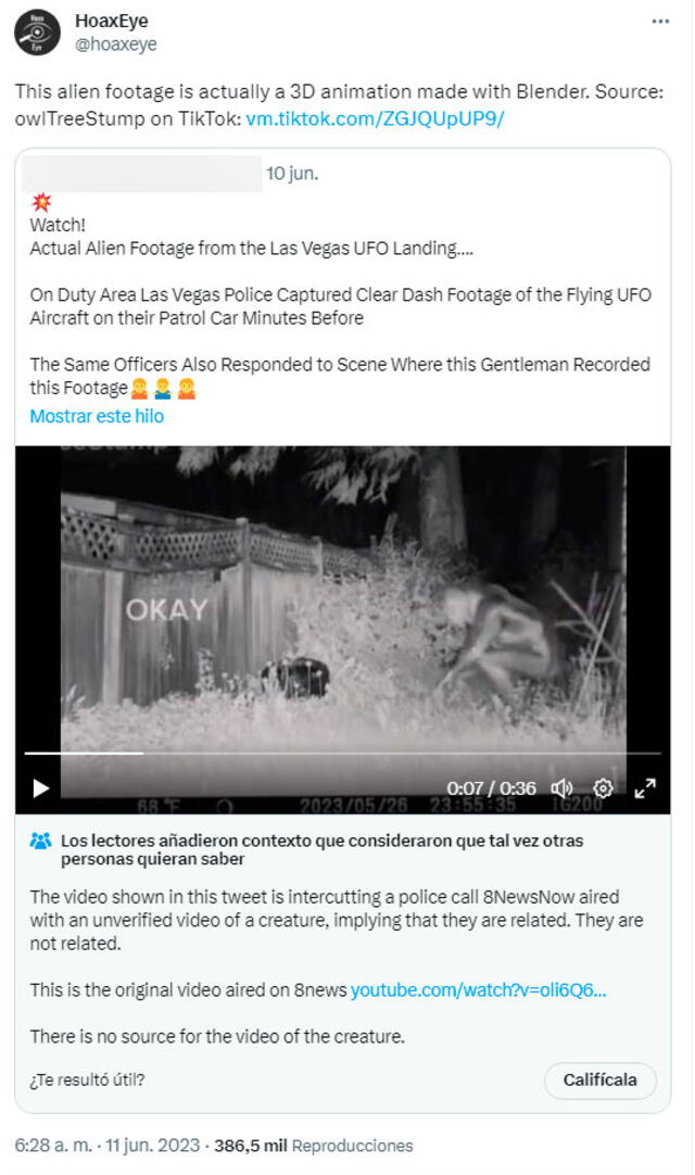  Hoax Eye tuiteó que halló el video original, lo que demuestra que está relacionado con una animación 3D. Foto: captura en Twitter / Hoax Eye. 