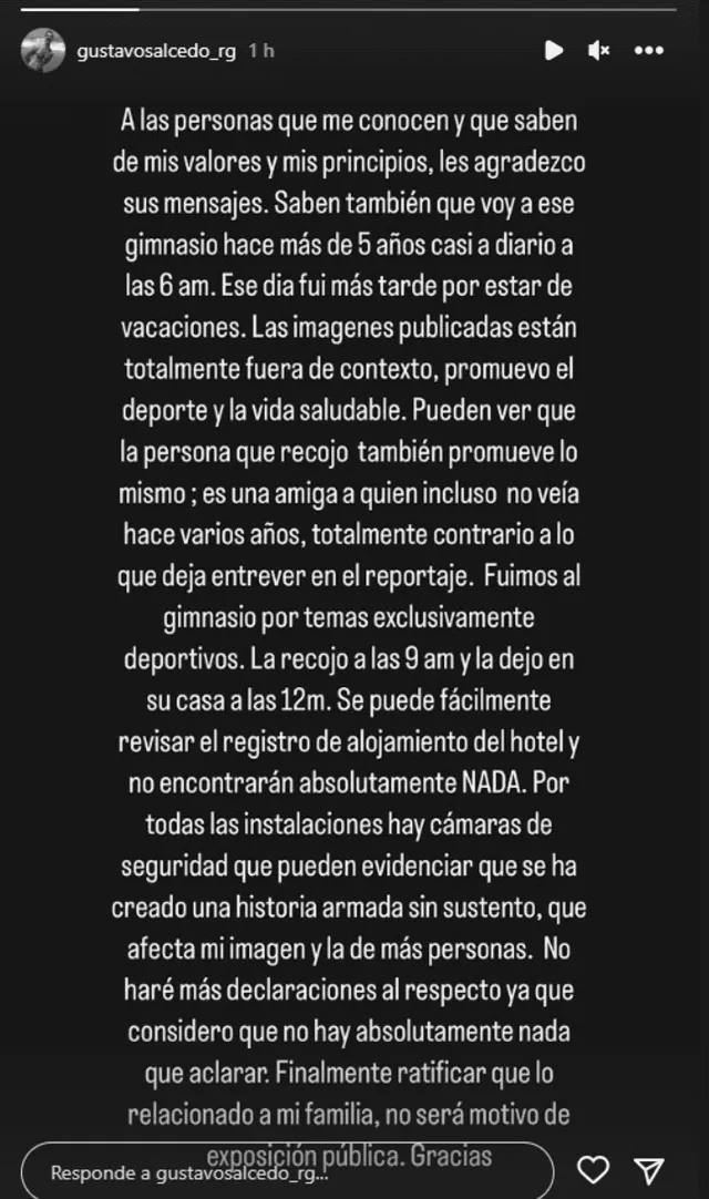 Gustavo Salcedo explicó que no hubo infidelidad en contra de su esposa, Maju Mantilla. Foto: captura de Instagram/Gustavo Salcedo   