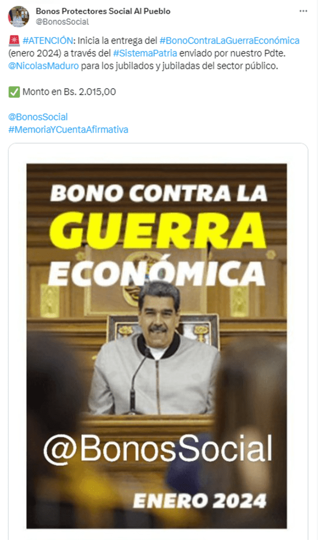 COBRA HOY nuevo bono enero 2024 de 56 dólares mediante Sistema Patria | bono de guerra | bonos de la patria | Nicolás Maduro | bono para jubilados | carnet de la patria