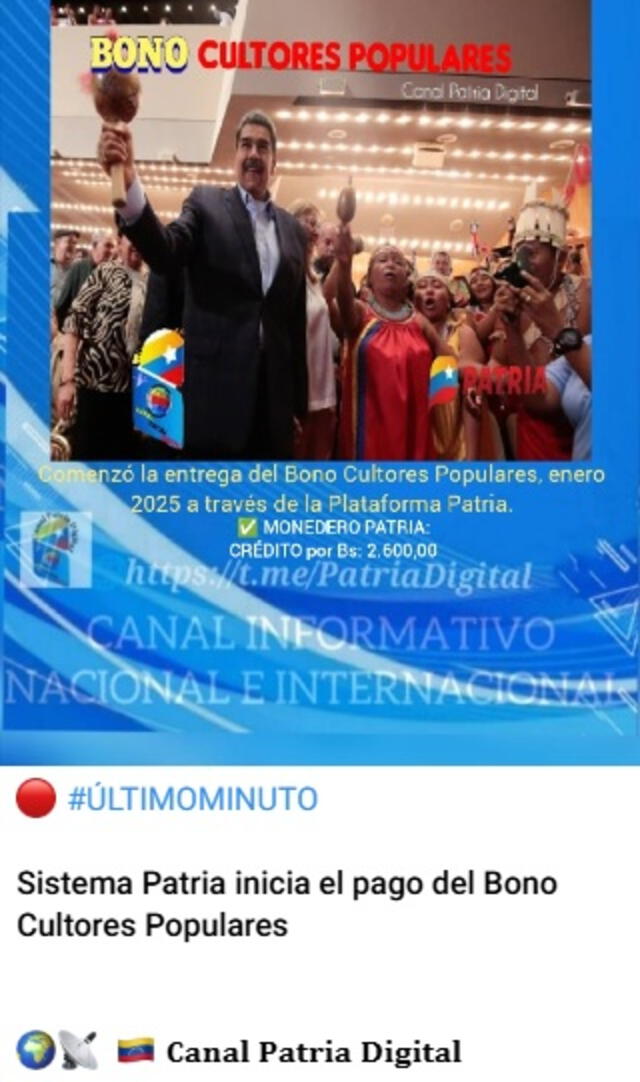 Anuncio del Bono Cultores Populares de enero 2025. Foto: Canal Patria Digital   