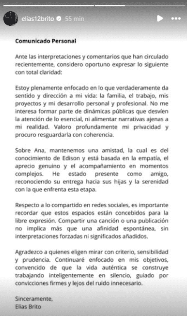 Comunicado de Elías Brito. Foto: Instagram Comunicado de Elías Brito. Foto: Instagram