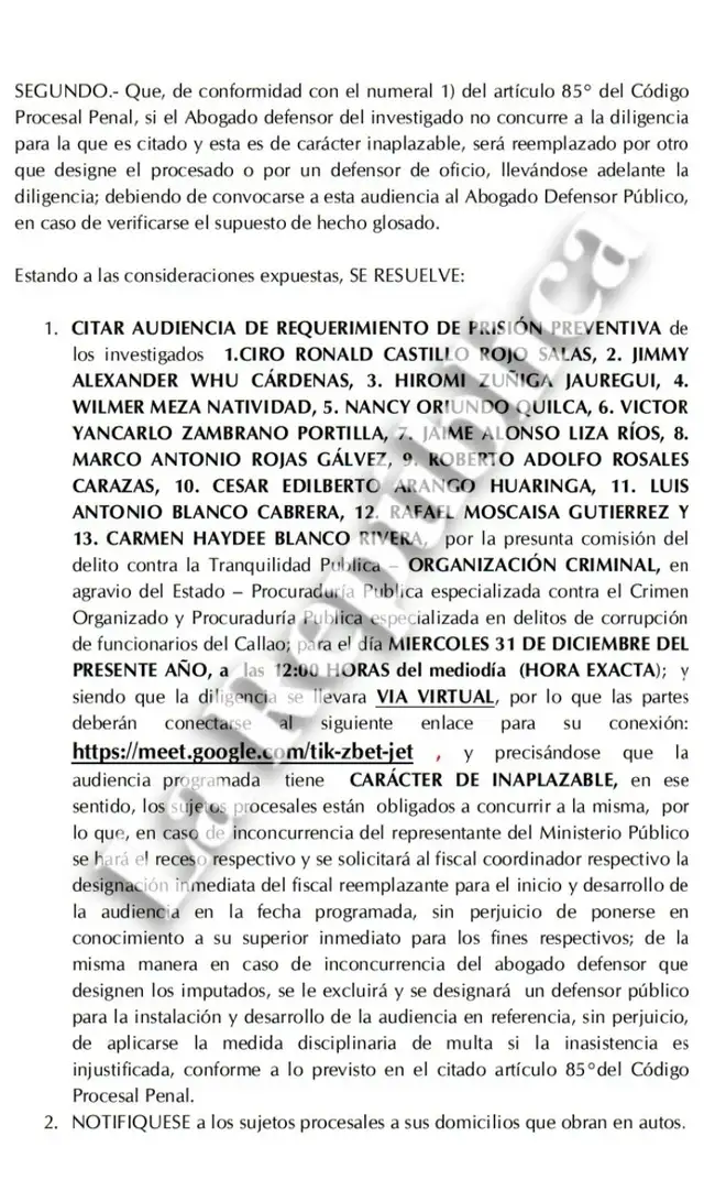 Citación a la audiencia de solitud de 36 meses de prisión preventiva contra Ciro Castillo. Foto: La República.   