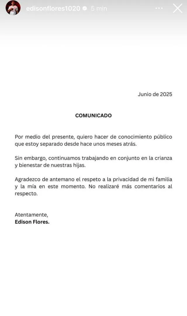 Comunicado de Edison Flores.   
