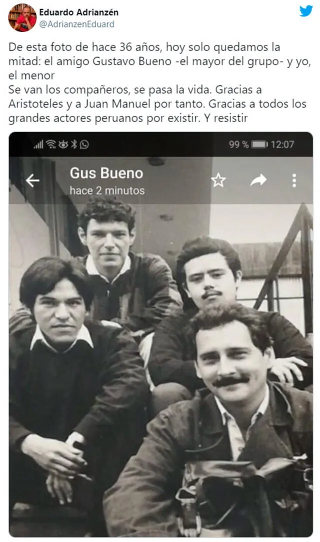 Eduardo Adrianzén compartió una antigua fotografía al lado de Aristóteles Picho, Juan Manuel Ochoa y Gustavo Bueno. Foto: Eduardo Adrianzén Twitter Eduardo Adrianzén compartió una antigua fotografía al lado de Aristóteles Picho, Juan Manuel Ochoa y Gustavo Bueno. Foto: Eduardo Adrianzén Twitter