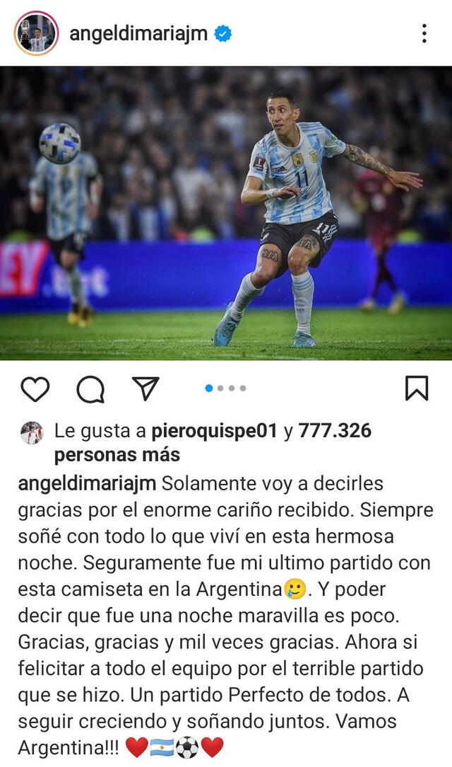 Publicación de Ángel Di María. Foto: captura Instagram