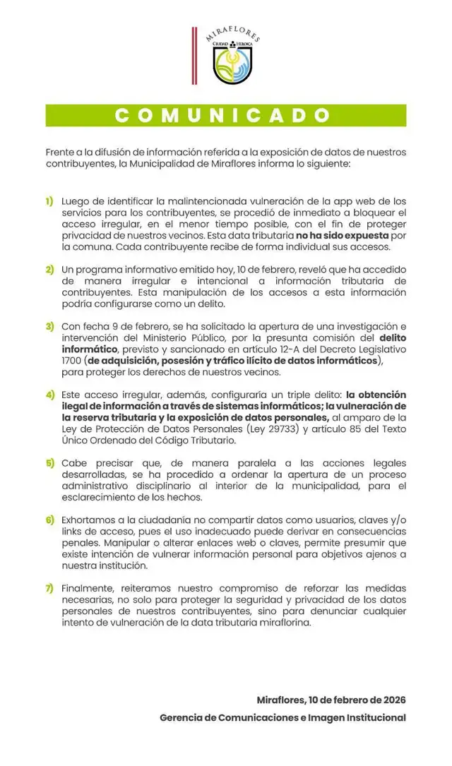  Comunicado de la Municipalidad de Miraflores. Foto: Municipalidad de Miraflores   