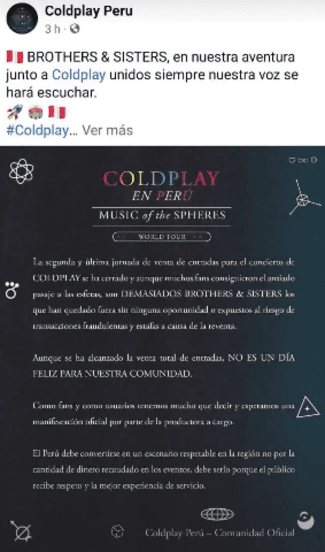Reclamo de club de fans tras agotarse entradas de concierto para Coldplay. Foto: Coldplay Perú/Facebook.