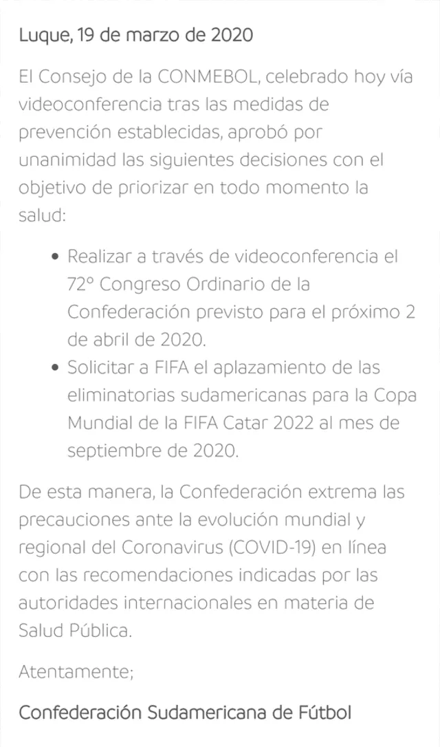 Conmebol desea que las Eliminatorias a Qatar 2022 empiecen en septiembre.