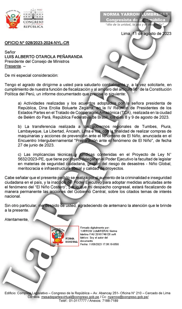  Oficio fue enviado al titular de la PCM, Alberto Otárola. Fuente: La República   