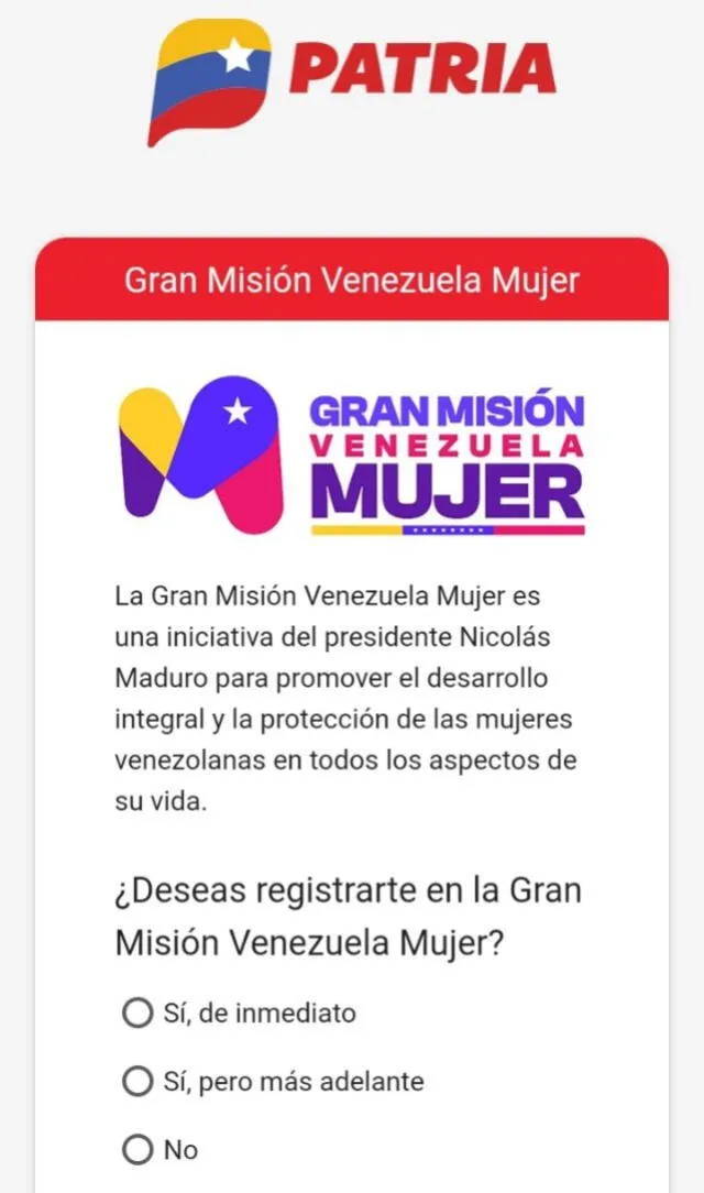 gran mision venezuela mujer, sistema patria, plataforma patria, credimujer