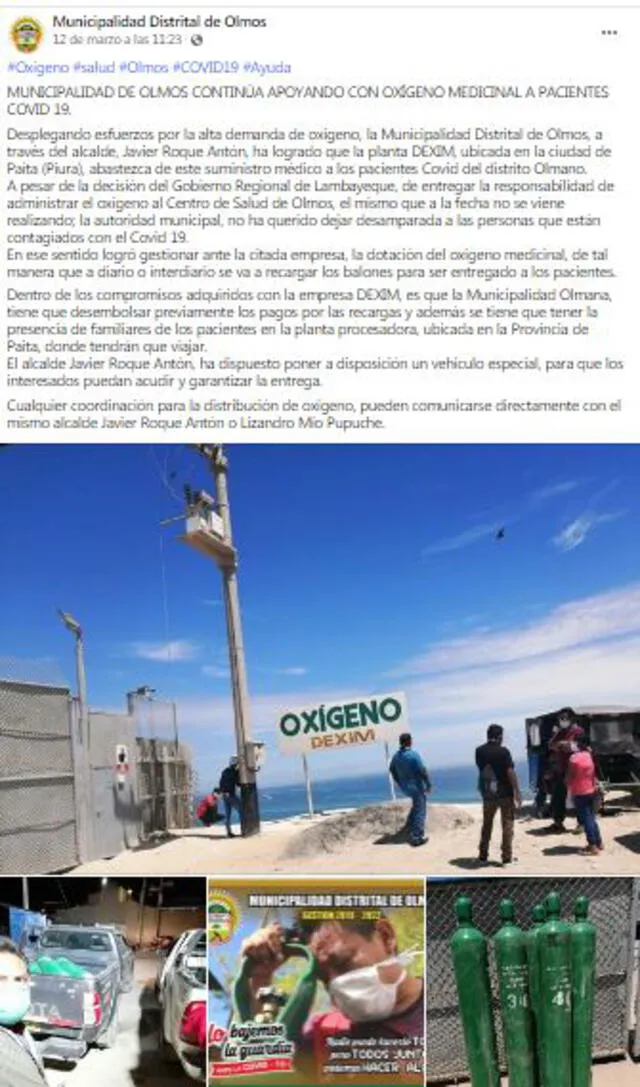 Municipio realizó publicación sobre llenado de balones de oxígeno. Foto: Facebook