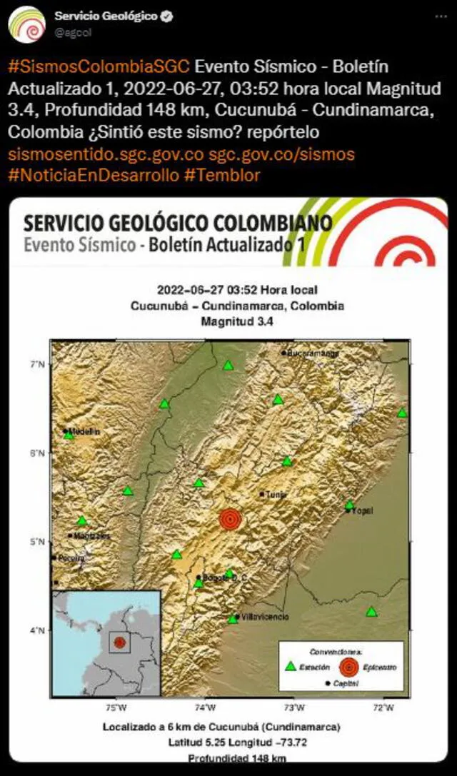 Último sismo en Colombia. Foto: Servicio Geológico Colombiano