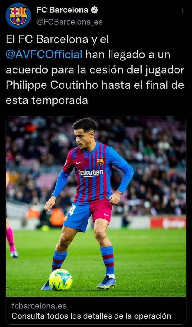 FC Barcelona oficializó el préstamo de Coutinho. Foto: captura de Twitter/FC Barcelona