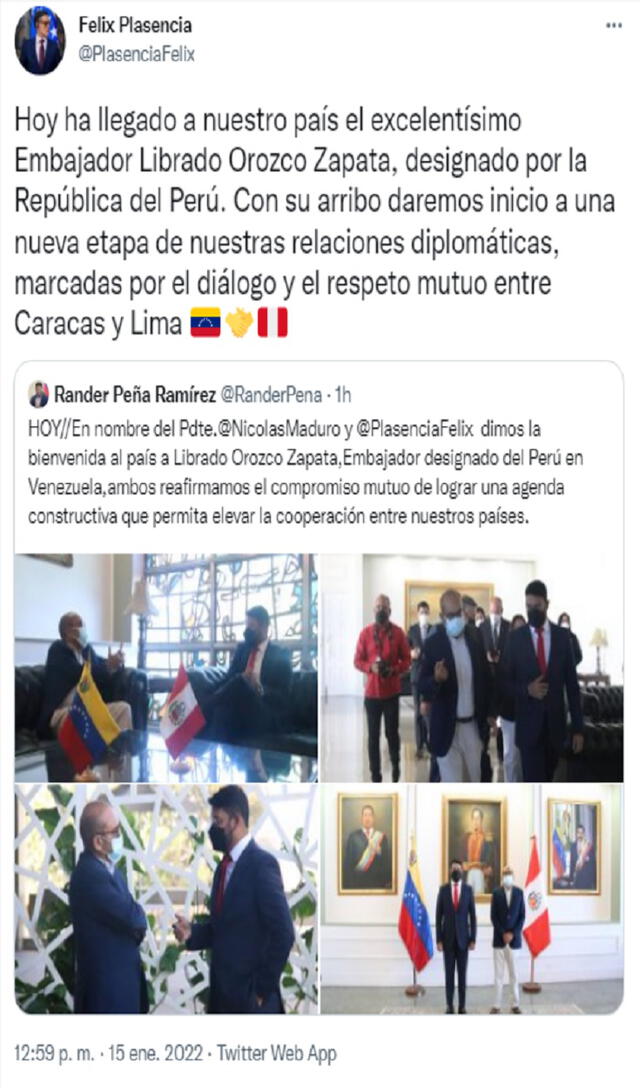 Venezuela resaltó el arribo del nuevo embajador del Perú. Foto: @PlasenciaFelix/Twitter