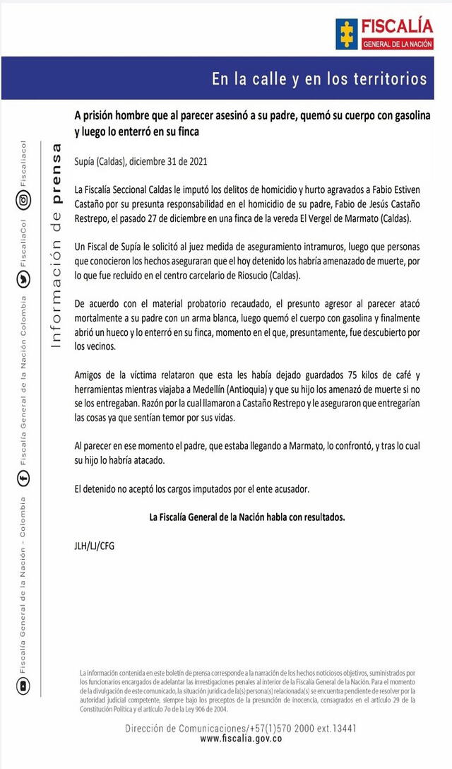 Comunicado oficial sobre los hechos ocurridos en Colombia. Foto: Fiscalía General de la Nación