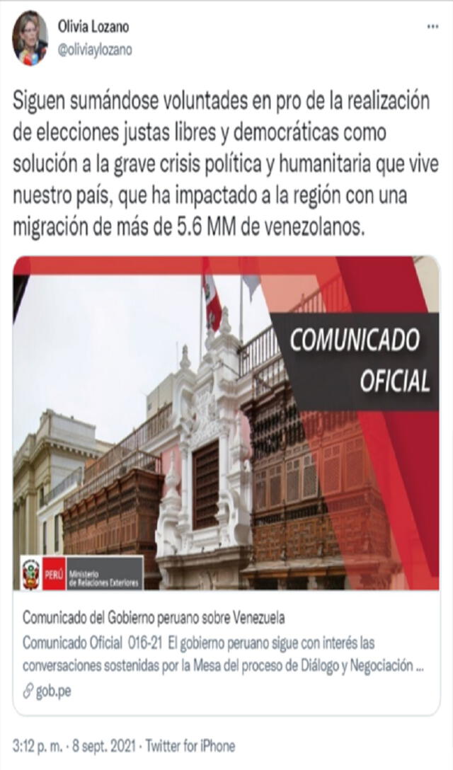 El mensaje de la opositora sobre el comunicado del Gobierno del Perú. Foto: @oliviaylozano/Twitter