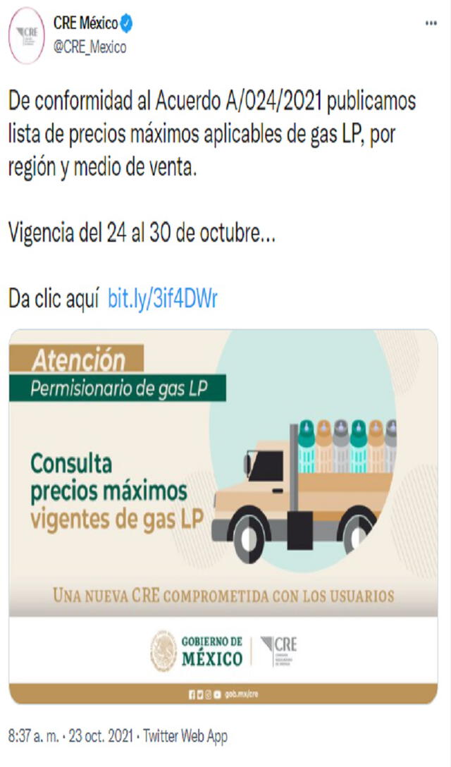 La CRE ya difundió la lista de precios máximos aplicables de gas LP. Foto: @CRE_Mexico/Twitter