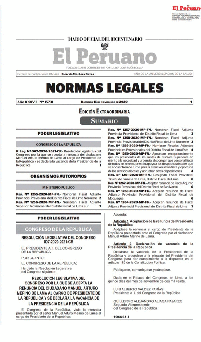 Resolución Legislativa que oficializa renuncia de Manuel Merino. Foto: El Peruano
