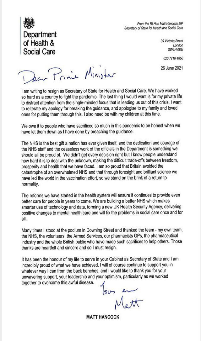 La carta de renuncia de Matt Hancock enviada al primer ministro del Reino Unido. Foto: difusión