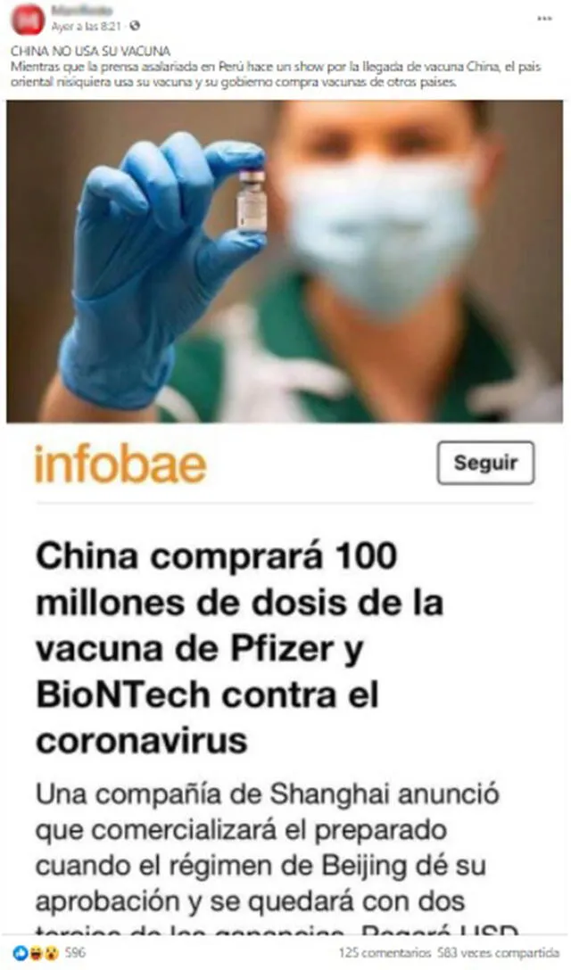 Post dice que “China no usa su vacuna” contra la COVID-19. Foto: captura en Facebook.