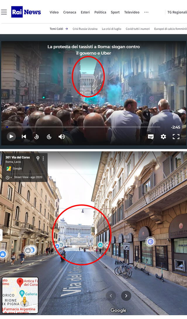 El Monumento a Víctor Manuel II es la casona expuesta en el clip viral. Foto: composición / capturas de web en Rai News y Google Map.