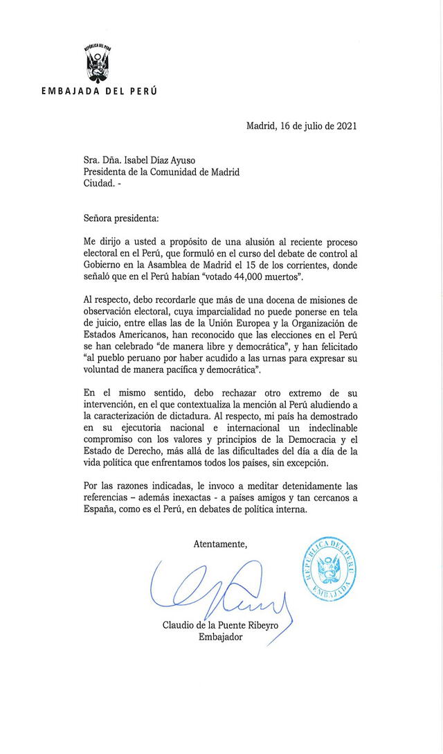 La carta del embajador de Perú en España en respuesta a Isabel Díaz Ayuso. Foto: @PeruEnEspana/Twitter