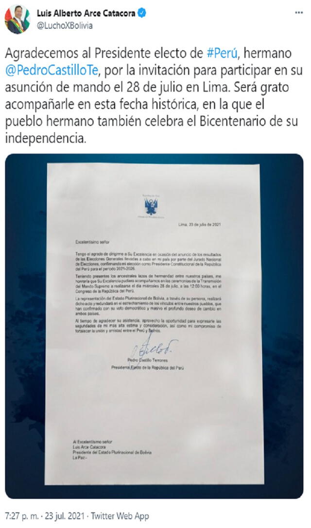Así confirmó Luis Arce que estará en la toma de posesión de Pedro Castillo en Perú. Foto: @LuchoXBolivia/Twitter