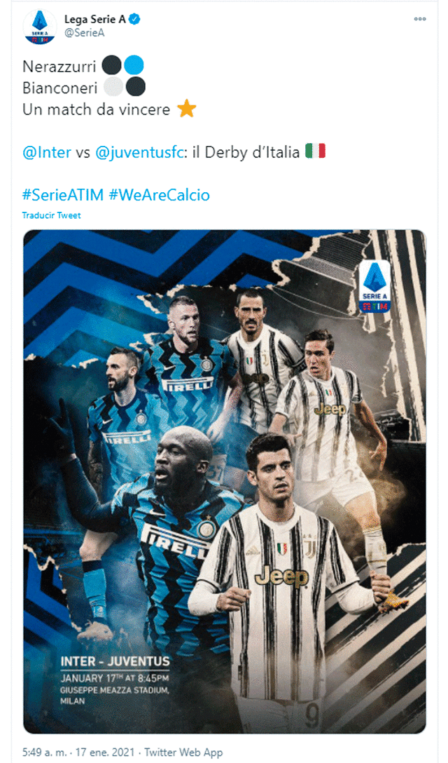 Inter vs. Juventus EN VIVO HOY por la Serie A de Italia. Foto: SerieA / Twitter