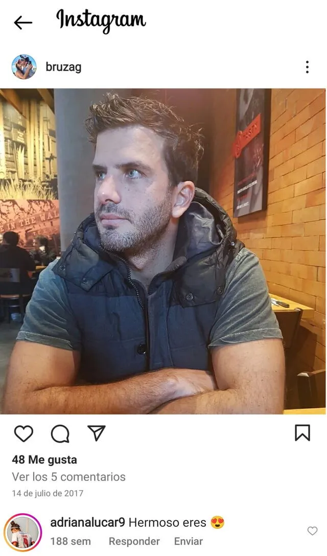 14.7.2017 | Adriana Lúcar comenta la primera publicación de su novio. Foto: captura Bruno Zagal/Instagra,