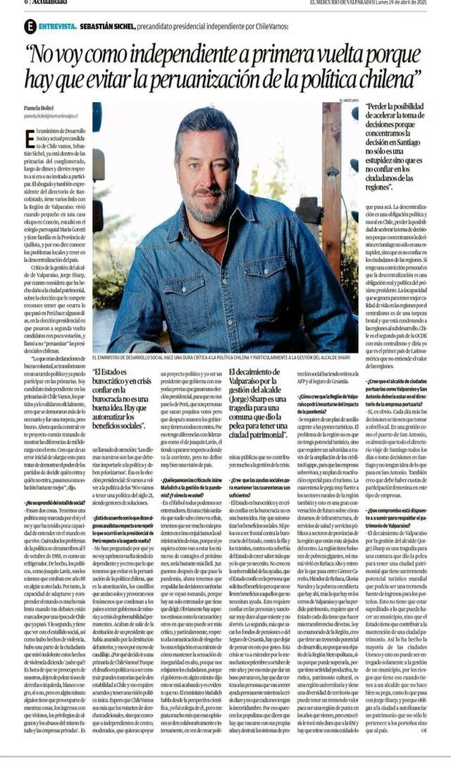 La entrevista al candidato Sebastián Sichel a página completa. Foto: El Mercurio de Valparaíso