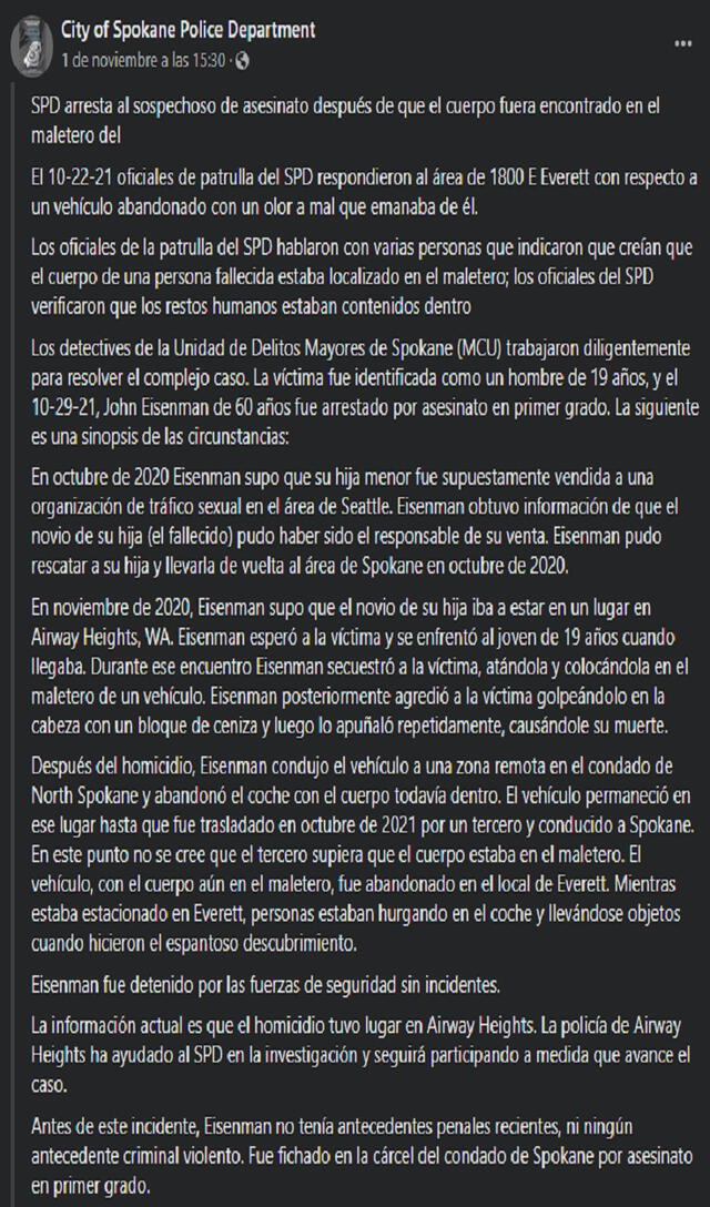 Texto oficial de la Policía traducida al español. Foto: City of Spokane Police Department/Facebook