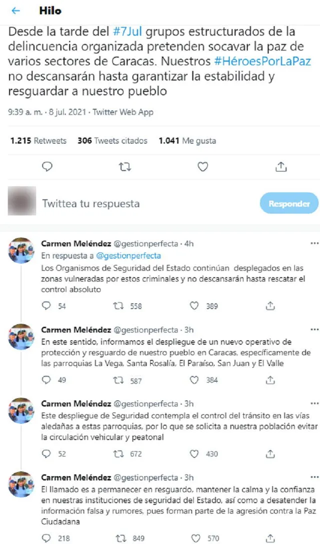 La información de la ministra venezolana. Foto: @gestionperfecta/Twitter